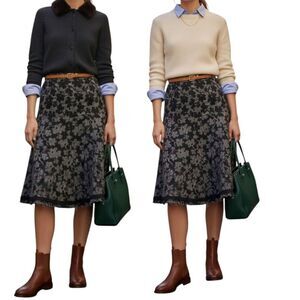 Daisy Two Tone  Black Floral  💯 Wool Knee Length Skirt S